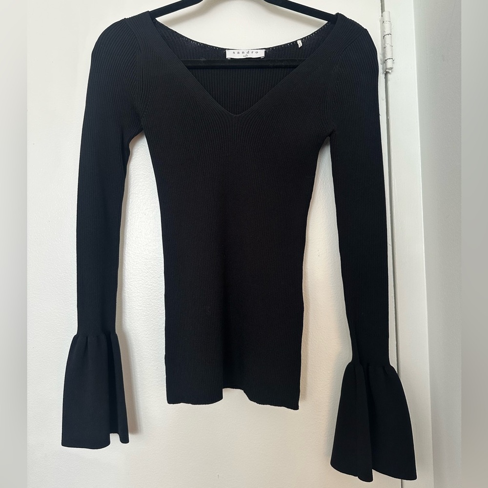 Sandro Black V-Neck Bell Sleeve Blouse